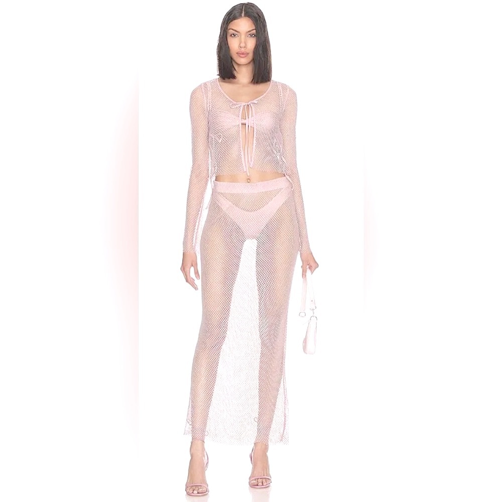 LPA Bibiana Liquid Shine Pink Mesh w Iridescent Jewel Embellished Maxi Skirt
